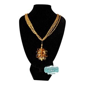 Vintage Murano Style Art Glass Leaf Pendant Necklace Multi Strand Gold Seed Bead